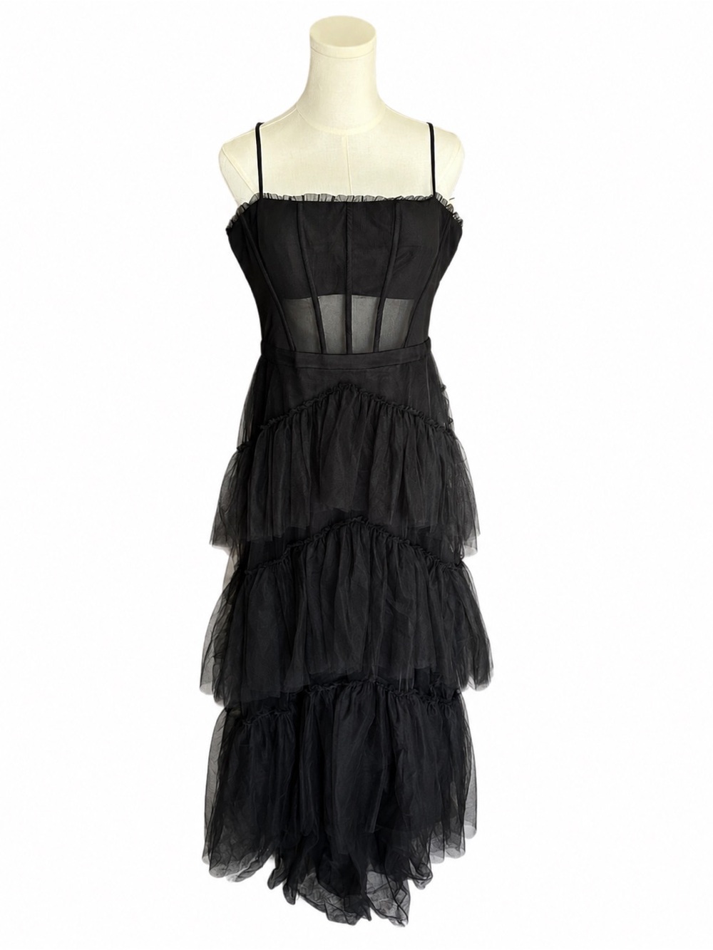 BCBGMAXAZRIA Oly Black Tiered Tulle Corset Maxi Gown Dress Sz 14 - Picture 2 of 10